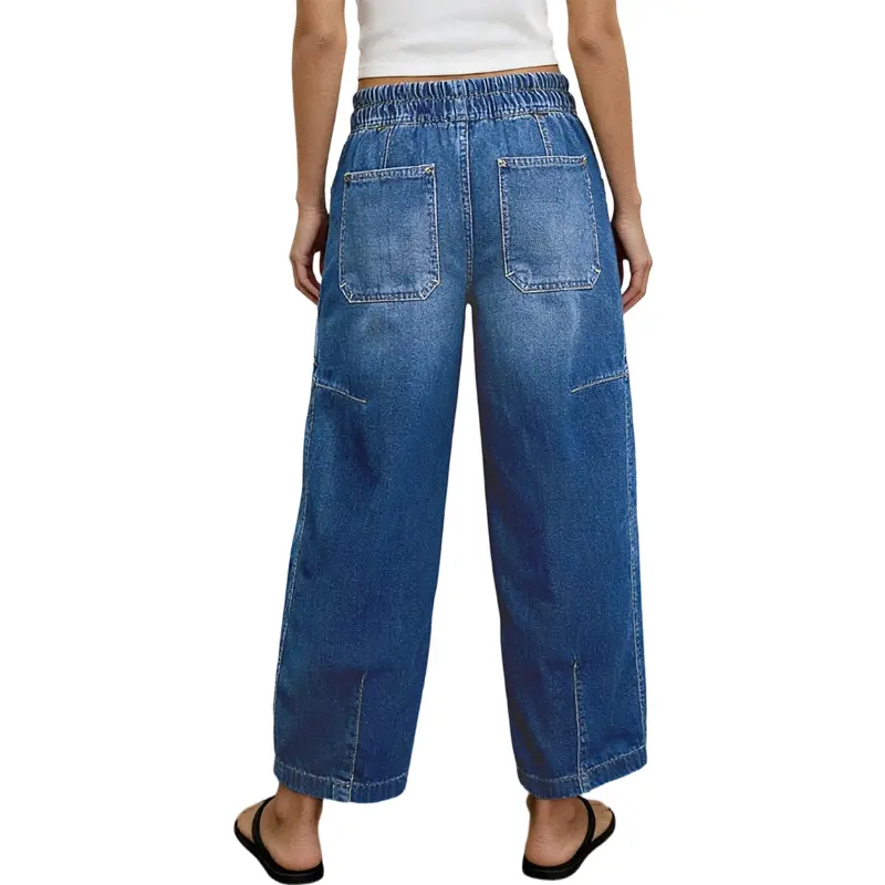 Flamingals Drawstring Patched Pocket High Waist Barrel Leg Jeans Womenswear Stretchy 25.2" Inseam
