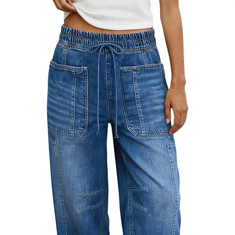 Flamingals Drawstring Patched Pocket High Waist Barrel Leg Jeans Womenswear Stretchy 25.2" Inseam