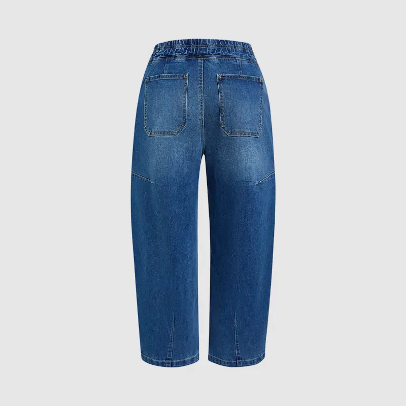 Flamingals Drawstring Patched Pocket High Waist Barrel Leg Jeans Womenswear Stretchy 25.2" Inseam