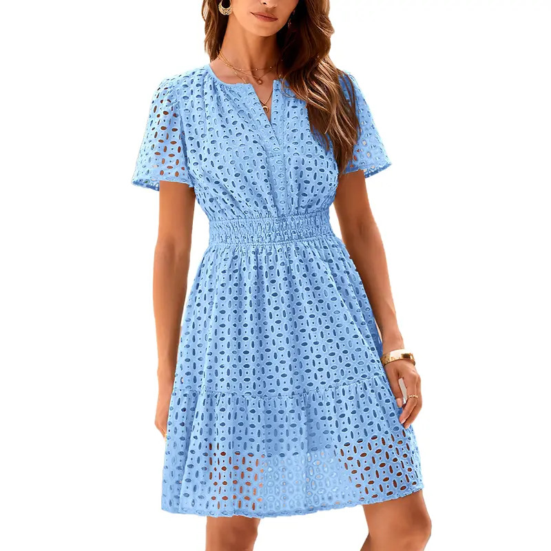 [XS-6XL]Women’s V-Neck Lace Dress – Elegant Summer Vacation Beach Dress