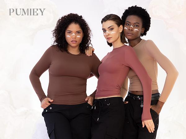 PUMIEY Long Sleeve Basic Tee Women's Crew Neck Slim Fit Tops Streetwear Minimalist Double Layer Compression Tee Casual Cloud Going outfits Office Outfits Women Elegant Classy tops Cute Fall outfits Summervibes summerwins