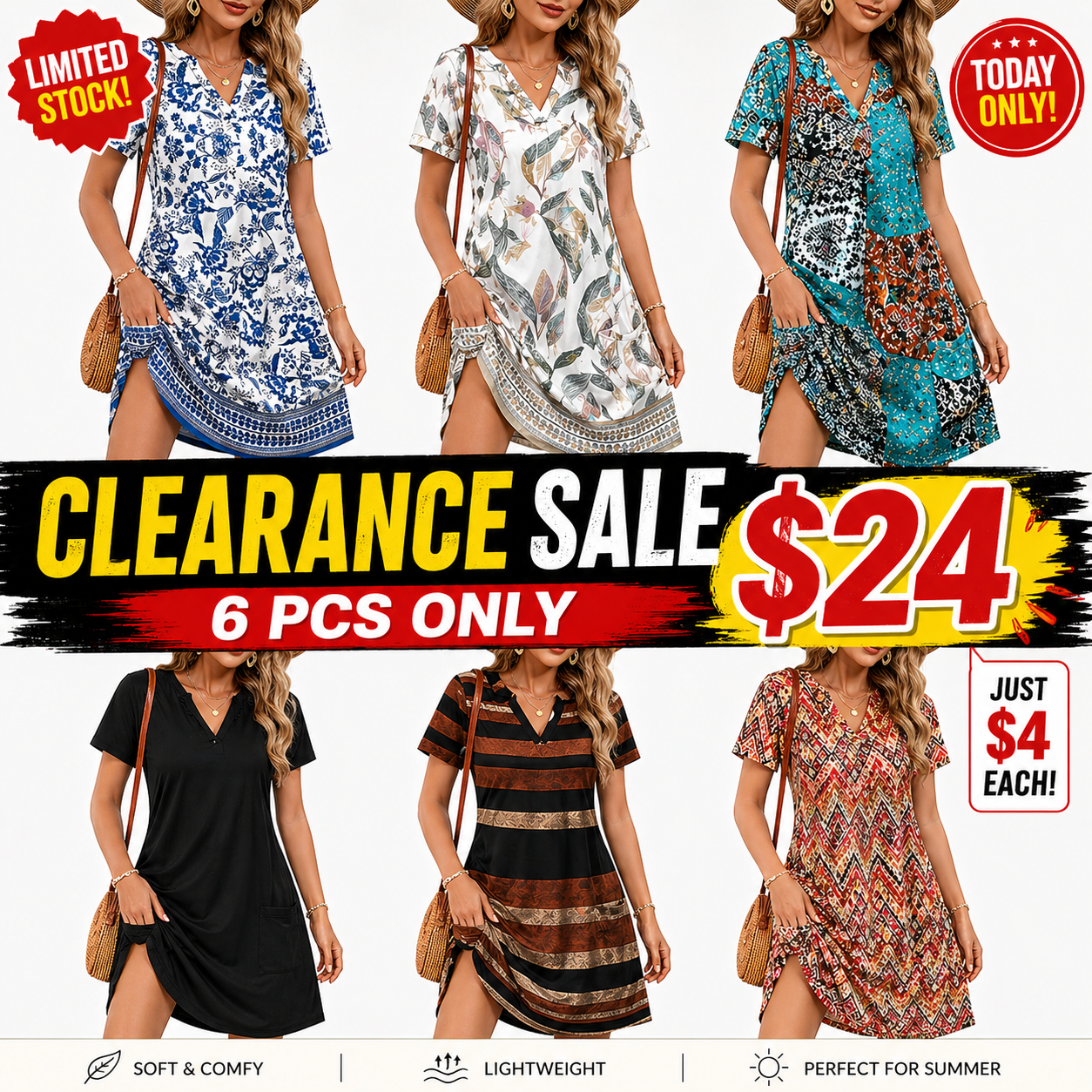 Women’s Casual Summer Dress V Neck Sleeve Casual Fashion Beach Dress