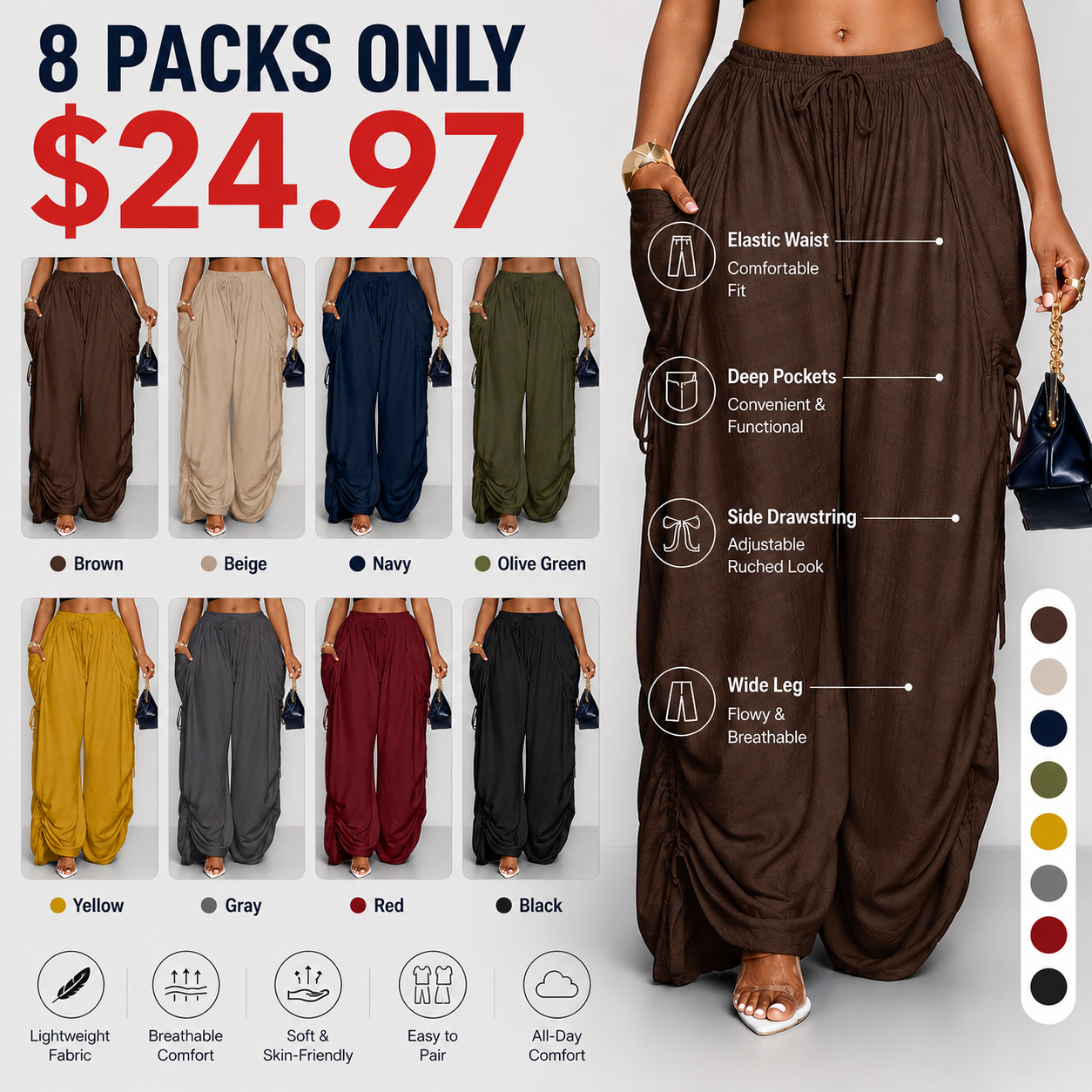 8 PACK Women’s Casual Wide Leg Pants