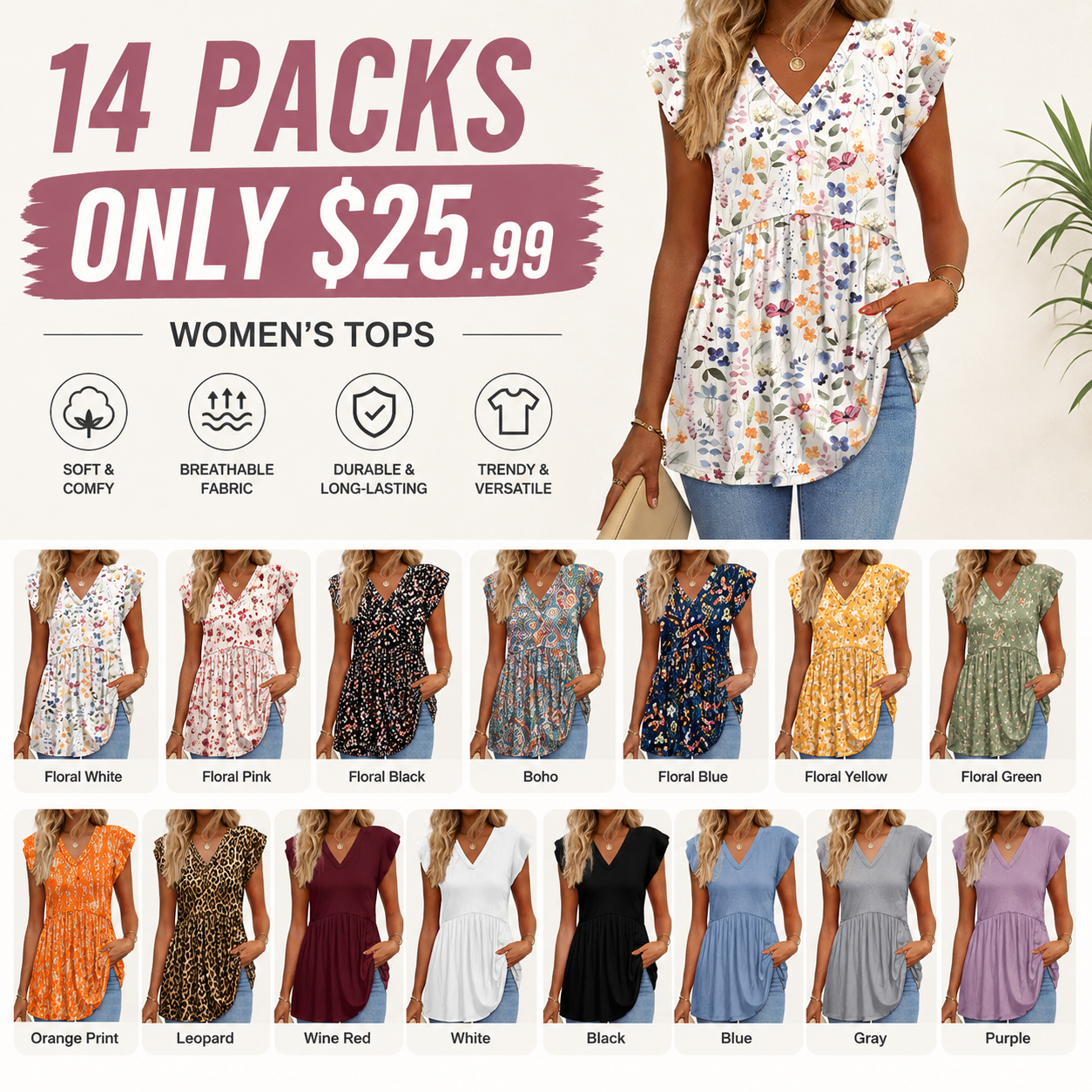⚡FINAL SALE⚡- 8 PACK Women’s Summer Casual Tops – Babydoll Ruffle Sleeve Blouses