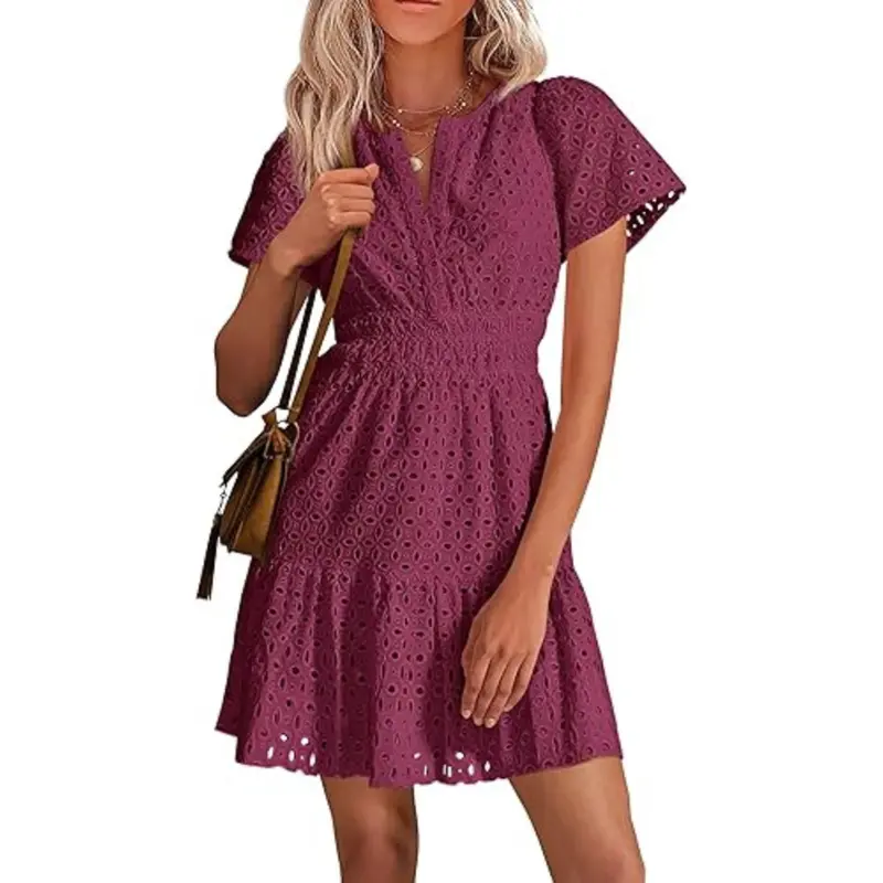 [XS-6XL]Women’s V-Neck Lace Dress – Elegant Summer Vacation Beach Dress