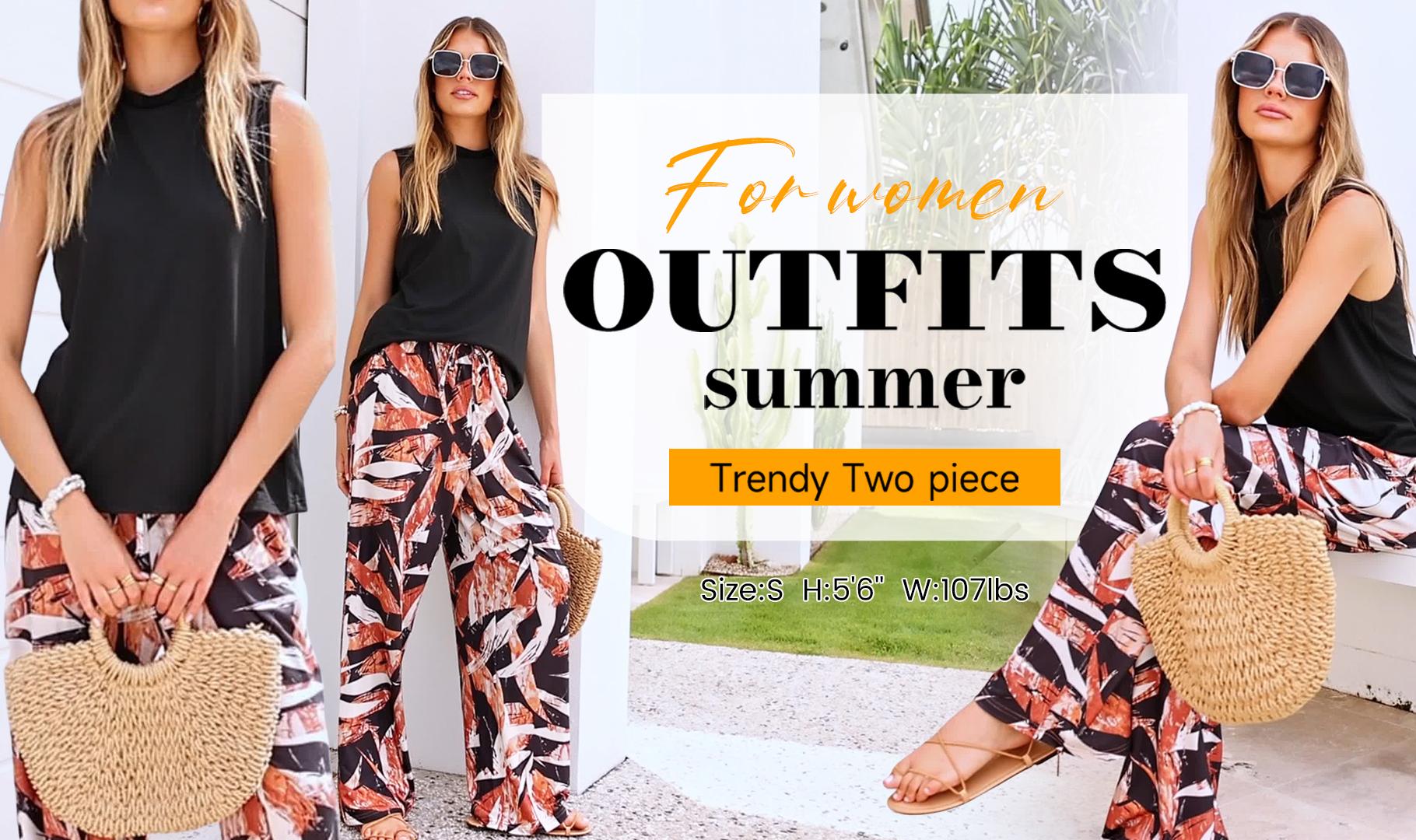 OFEEFAN Two Piece Set for Women Summer Spring Outfits Cruise Travel Airport Beach Vacation Mock Neck Wide Leg Pants Set Womenswear