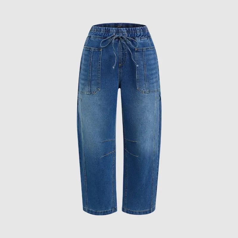 Flamingals Drawstring Patched Pocket High Waist Barrel Leg Jeans Womenswear Stretchy 25.2" Inseam