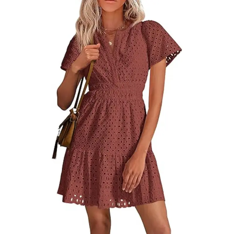 [XS-6XL]Women’s V-Neck Lace Dress – Elegant Summer Vacation Beach Dress
