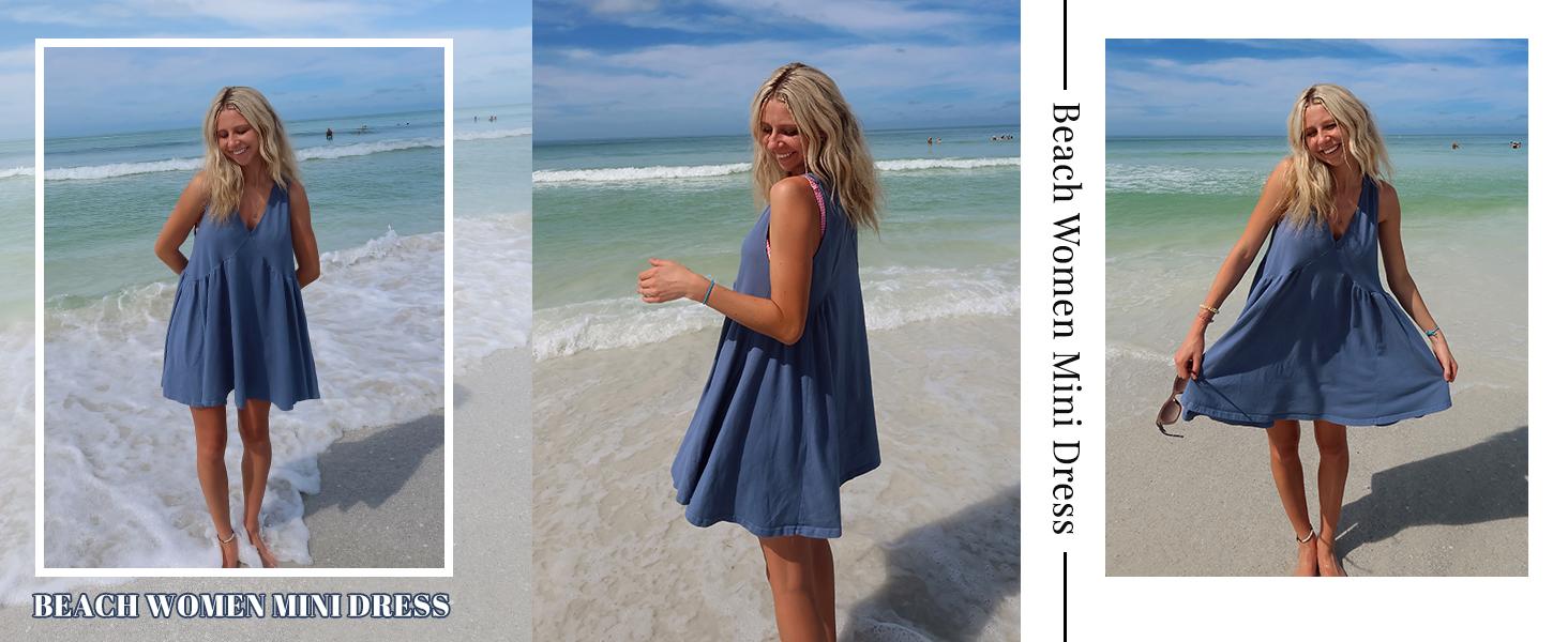 Yeokou Women's Minimalist Casual Wear A-Line Sleeveless V-Neck Mini Dress - Basic Boho Style Women's Clothes, Pleated Swing Flowy Beach Sundress with Pockets,summerwins