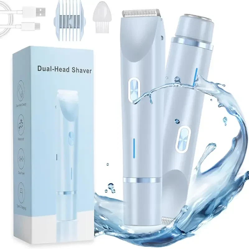 2-in-1 Women's Body Shaver, Electric Razor, 2-in-1 Women's BodyShaver, 2.0 BikiniShaver, Dual Head Wet & Dry, for Pubic Hair (Blue)