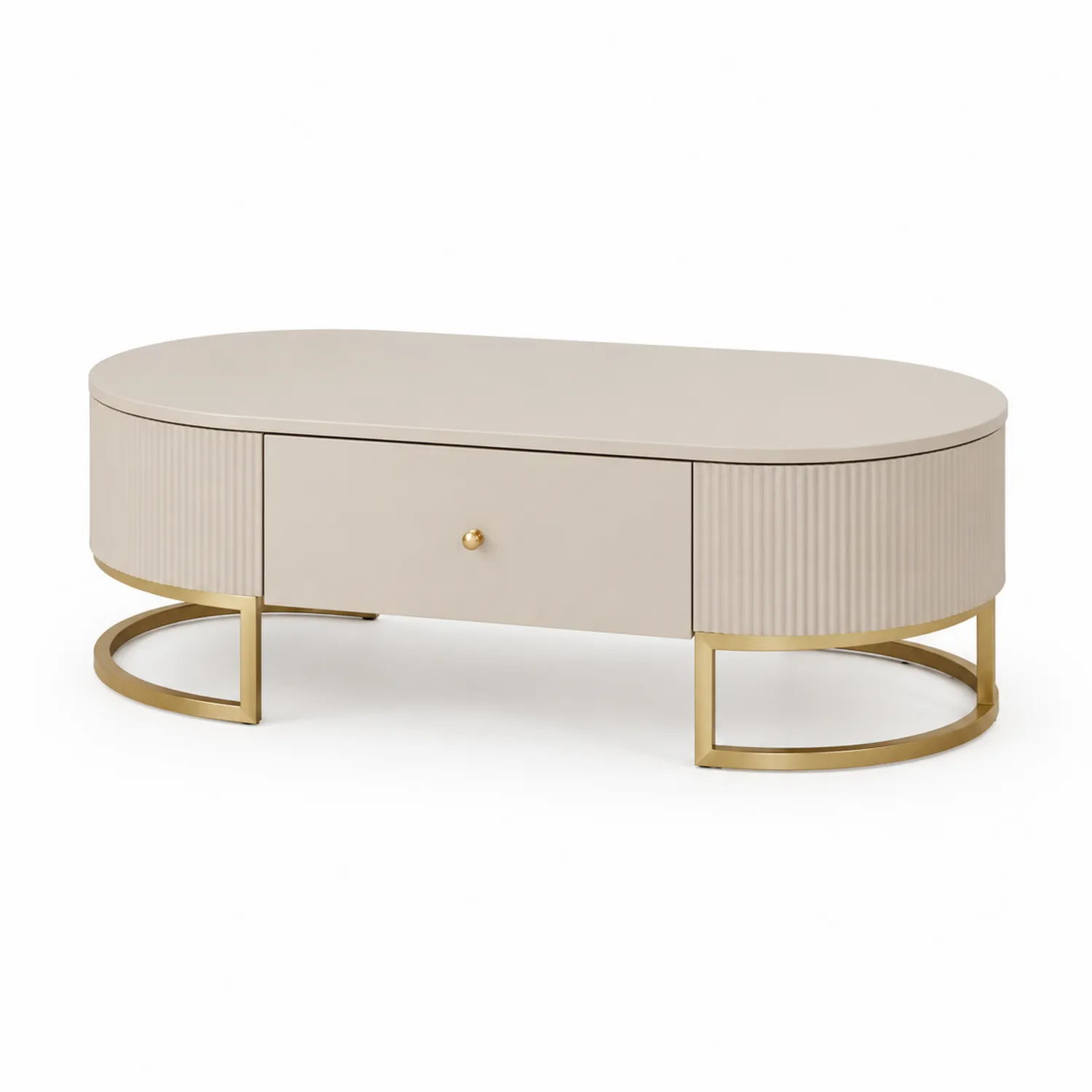 Ovaler Couchtisch aus MDF und Metall, Beige und Gold