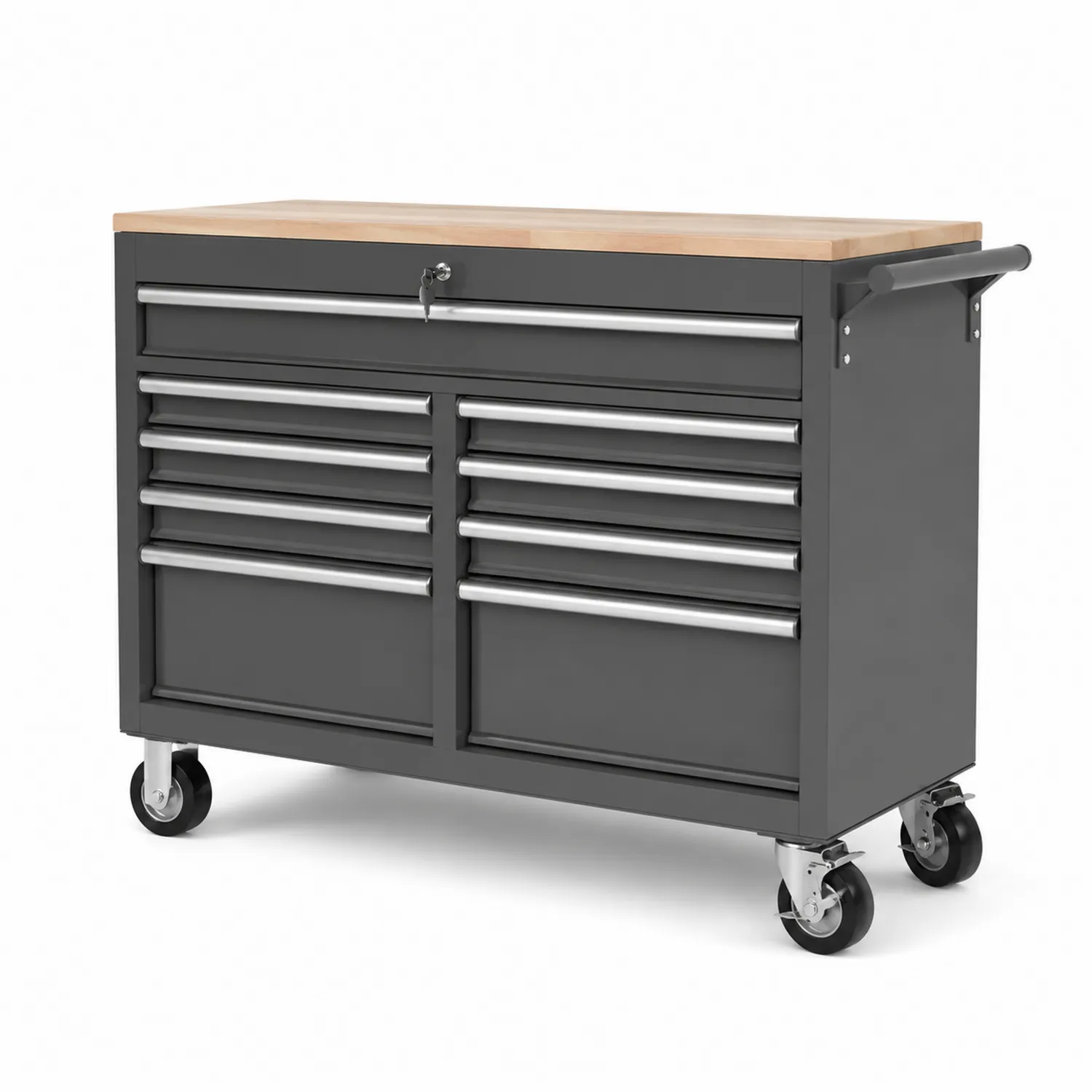 Werkzeugrollwagen aus Stahl mit Massivholzplatte, 8 Schubladen, Schwarz, 120cm