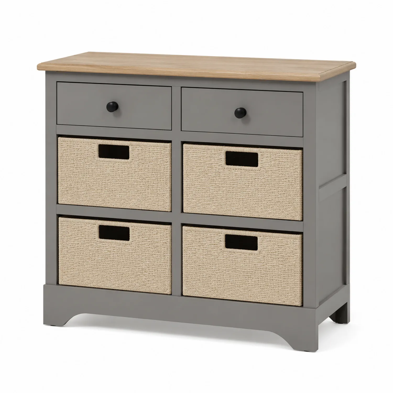 Holzaufbewahrungsschrank mit Schubladen und Jutekörben, Grau/Beige