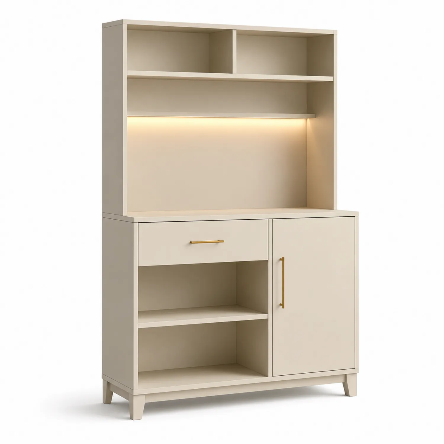 Beiger Holz-Vorratsschrank mit LED-Beleuchtung