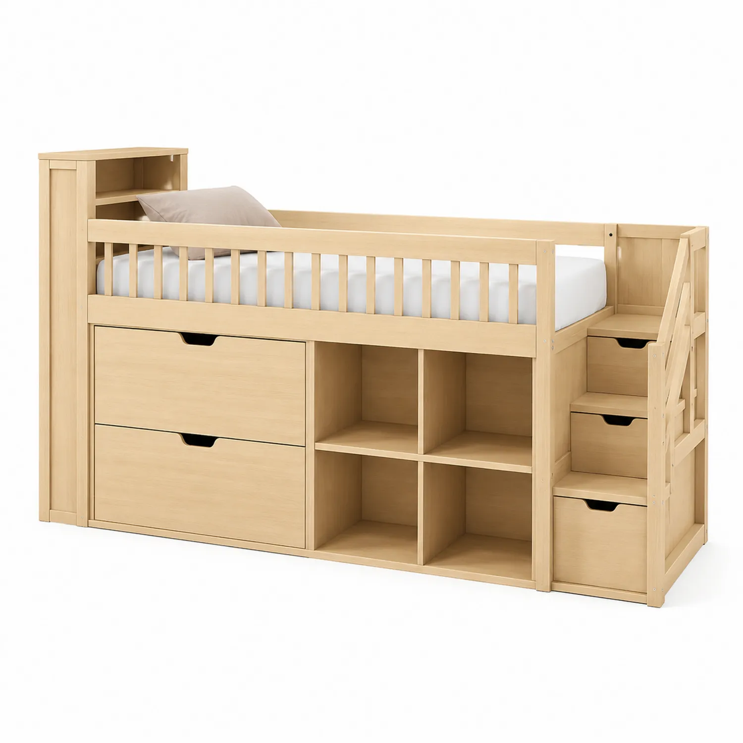 Kinder Hochbett mit Stauraum und Treppe Massivholz Natur 200x90 cm