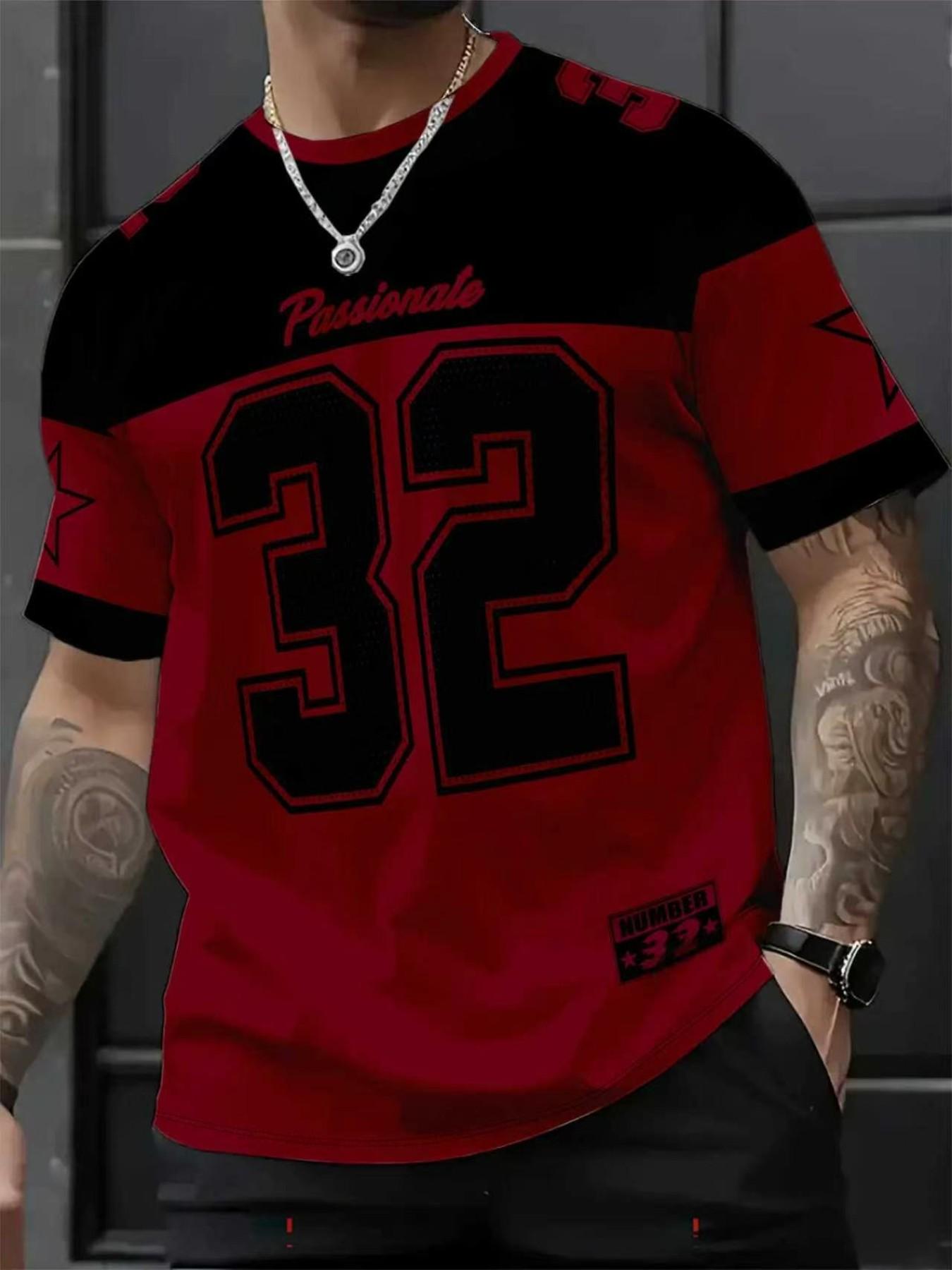 Men's Casual Round Neck Short Sleeve T-Shirt, Star & Number Print Stylish Football Jersey, Fitted All Seasons Sports Shirt, Sports Top, Workout Tops, Fitness Workout Shirt