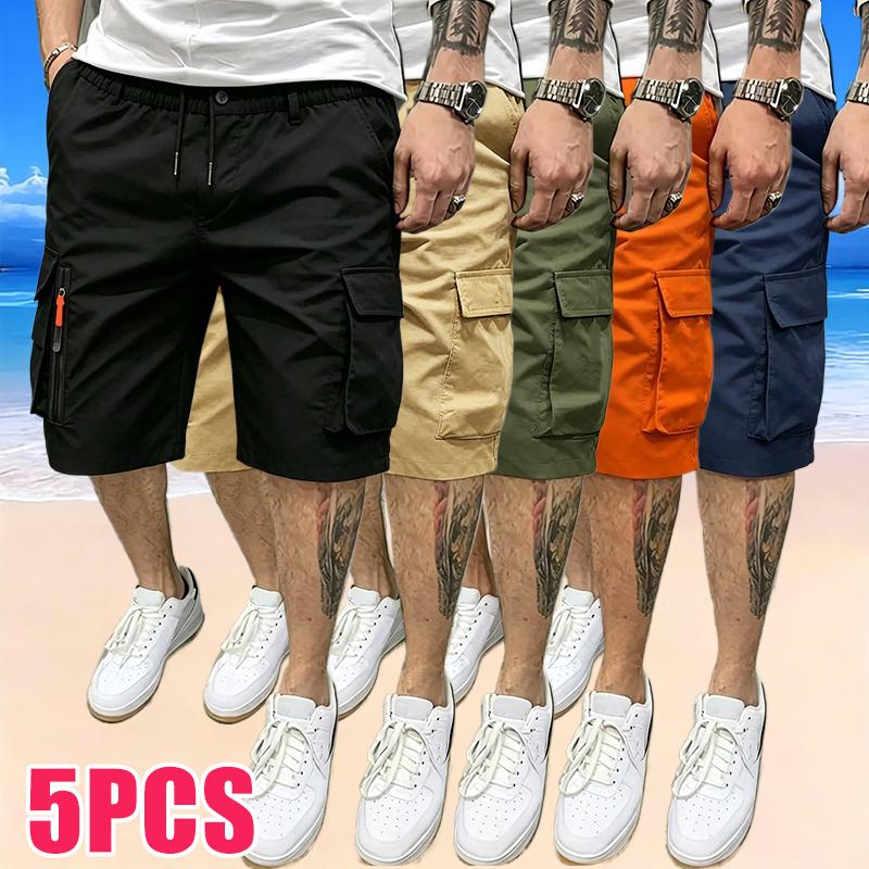 5-Pack Men’s Sport Casual Cargo Shorts — Multiple Pockets, Drawstring Elastic Waist, Decorative False Zipper; Suitable for Outdoor Hiking, Daily Running, and Commuting，fathersdaygift