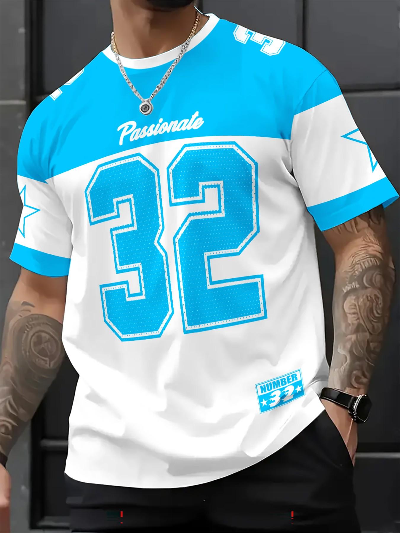 Men's Casual Round Neck Short Sleeve T-Shirt, Star & Number Print Stylish Football Jersey, Fitted All Seasons Sports Shirt, Sports Top, Workout Tops, Fitness Workout Shirt