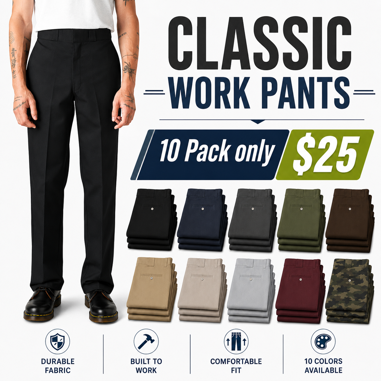 🔥 20 PACK ONLY $35 | Men's Classic Work Pants – Durable Utility Pants for Work & Everyday Wear