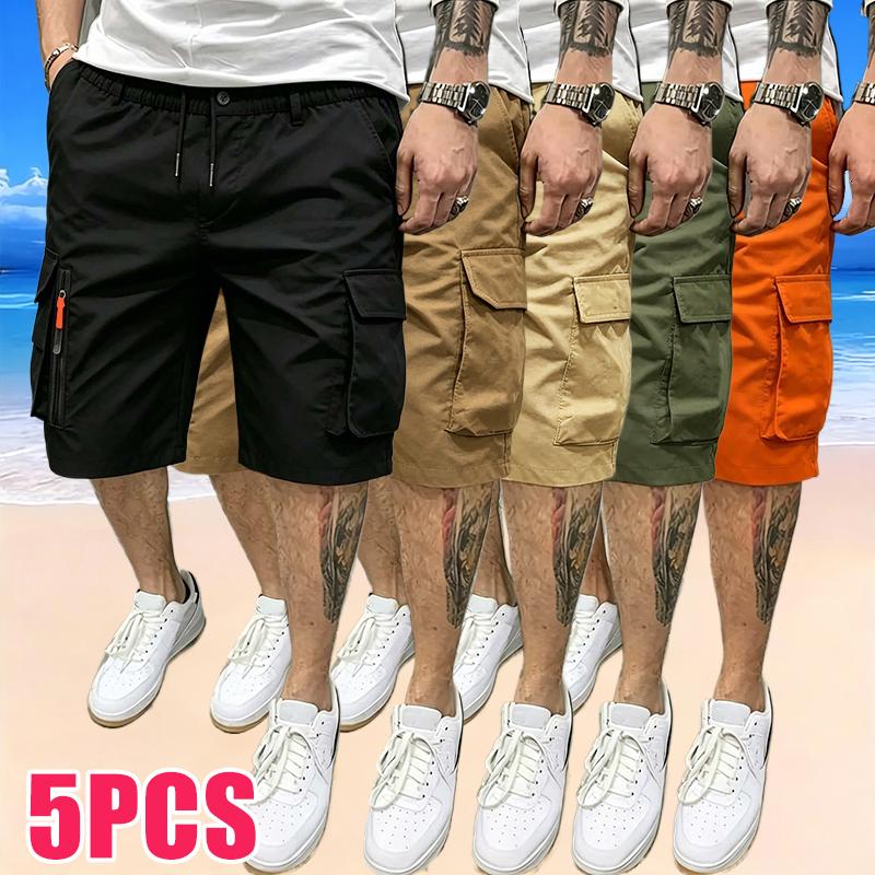 5-Pack Men’s Sport Casual Cargo Shorts — Multiple Pockets, Drawstring Elastic Waist, Decorative False Zipper; Suitable for Outdoor Hiking, Daily Running, and Commuting，fathersdaygift