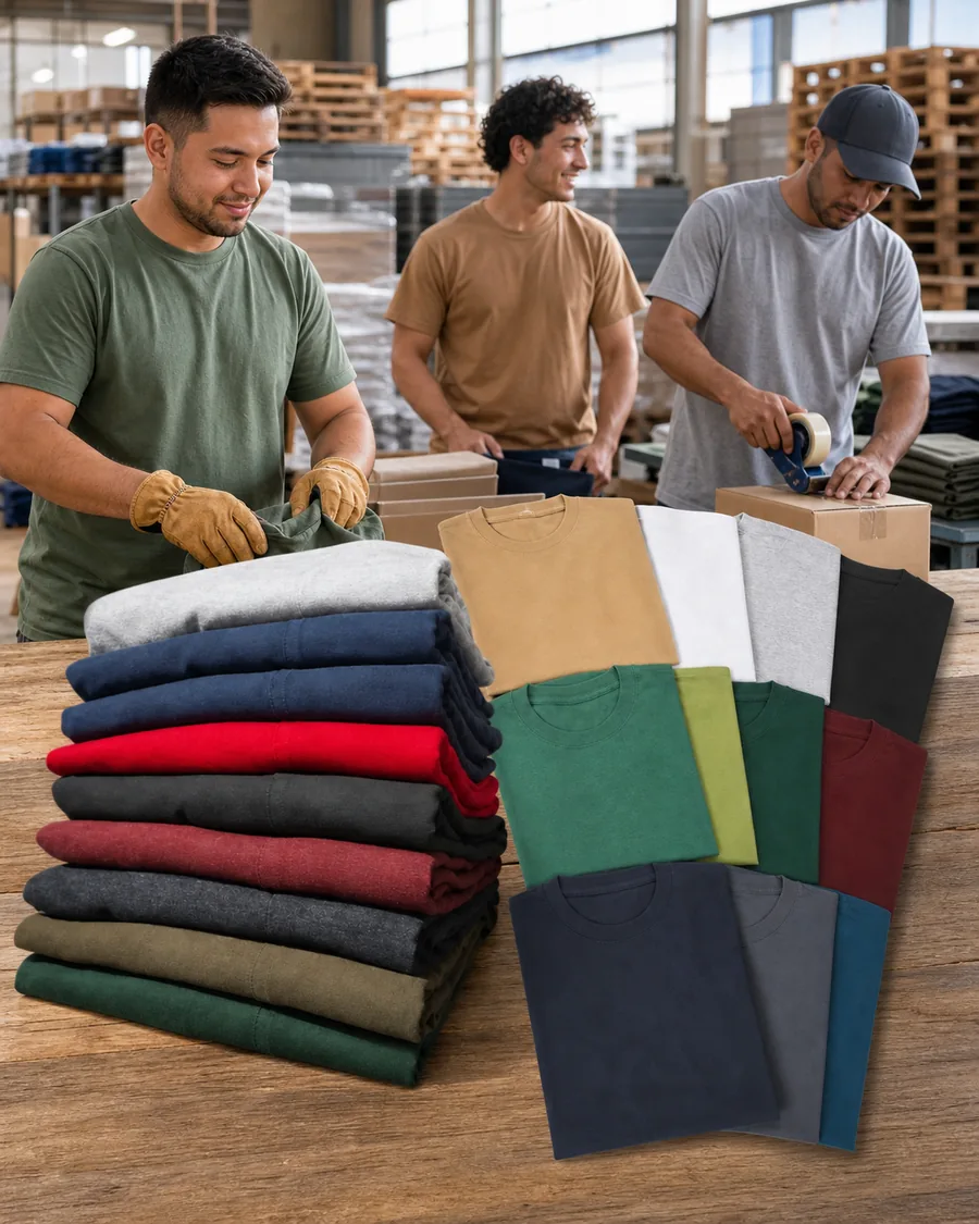 Men's crew-neck work T-shirts in a 20-piece color assortment