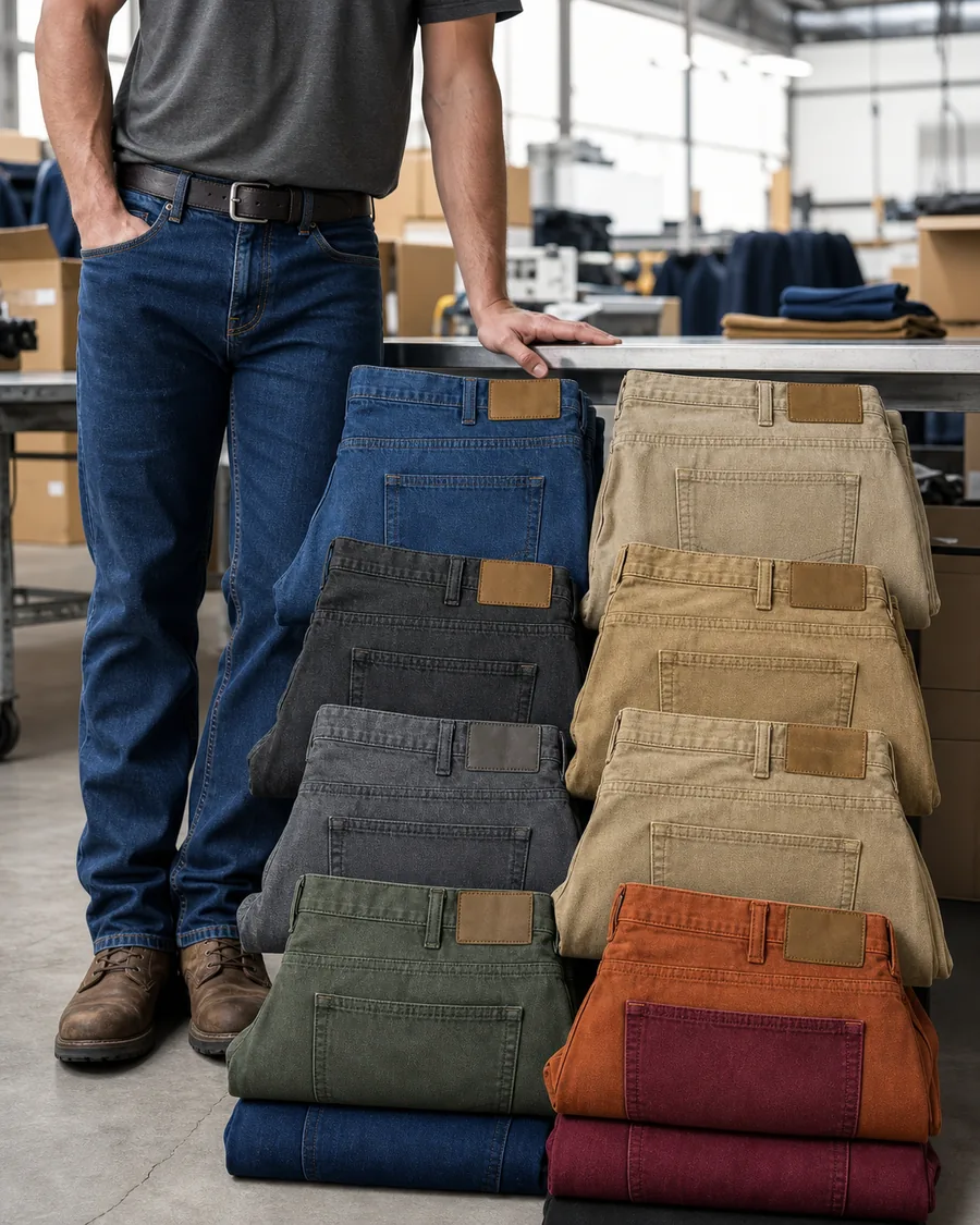 Men's rugged flex work jeans in a 15-piece color assortment