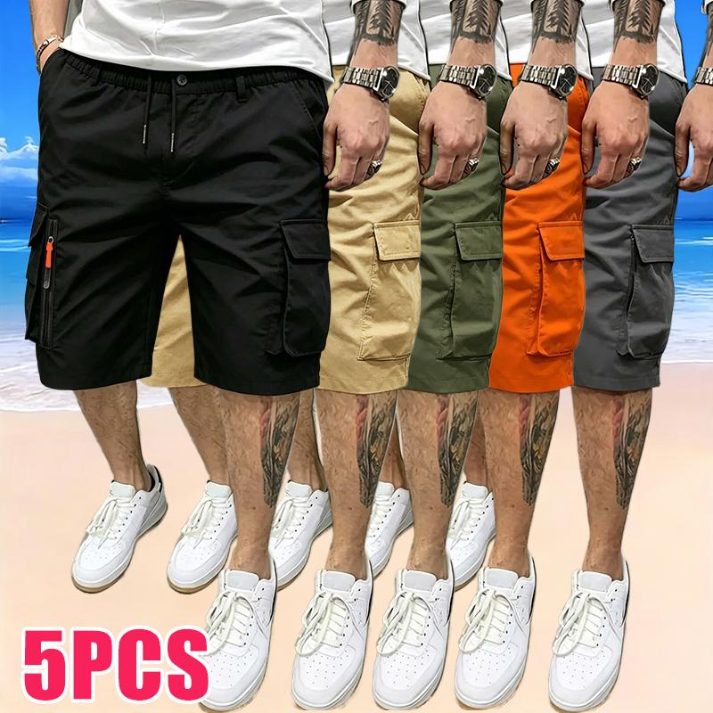 5-Pack Men’s Sport Casual Cargo Shorts — Multiple Pockets, Drawstring Elastic Waist, Decorative False Zipper; Suitable for Outdoor Hiking, Daily Running, and Commuting，fathersdaygift