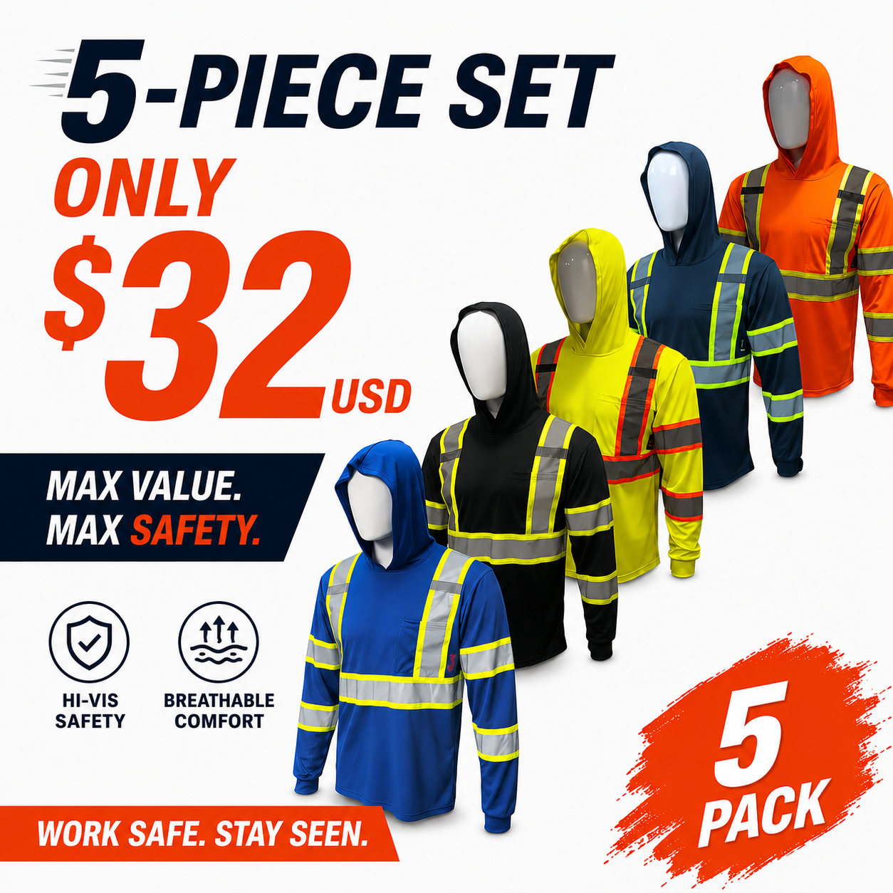 5 PACK SHIRT High Visibility Hoodie Long Sleeve Safety Shirt with hoodie Polyester Birdeye Mesh in various color