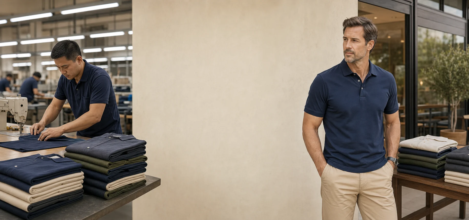 Factory worker preparing menswear while a customer wears a navy polo