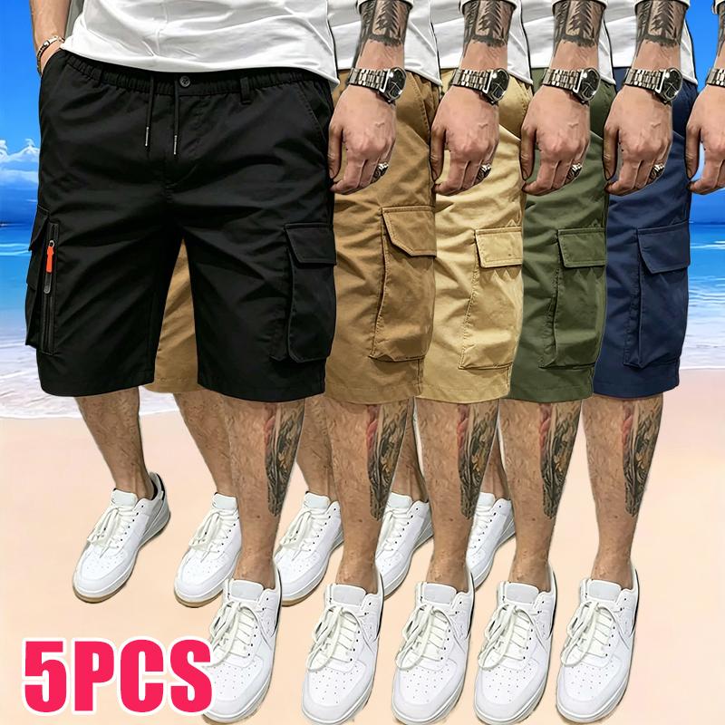 5-Pack Men’s Sport Casual Cargo Shorts — Multiple Pockets, Drawstring Elastic Waist, Decorative False Zipper; Suitable for Outdoor Hiking, Daily Running, and Commuting，fathersdaygift