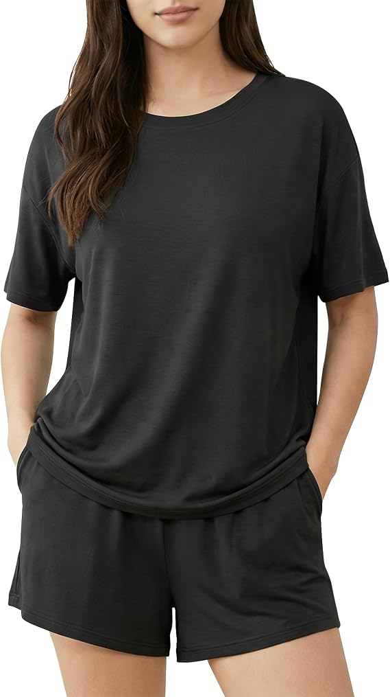 EPOPLAR Womens Pajama Sets Cooling Viscose Made from Bamboo: Short Sleeve Top and Shorts, Soft Sleepwear Loungewear Summer