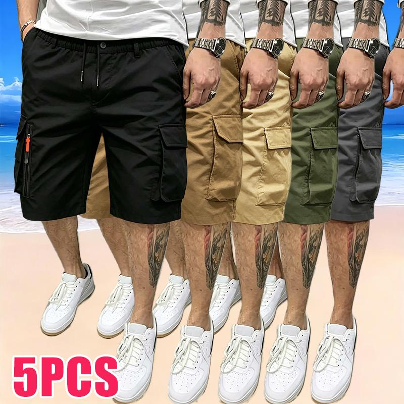 5-Pack Men’s Sport Casual Cargo Shorts — Multiple Pockets, Drawstring Elastic Waist, Decorative False Zipper; Suitable for Outdoor Hiking, Daily Running, and Commuting，fathersdaygift