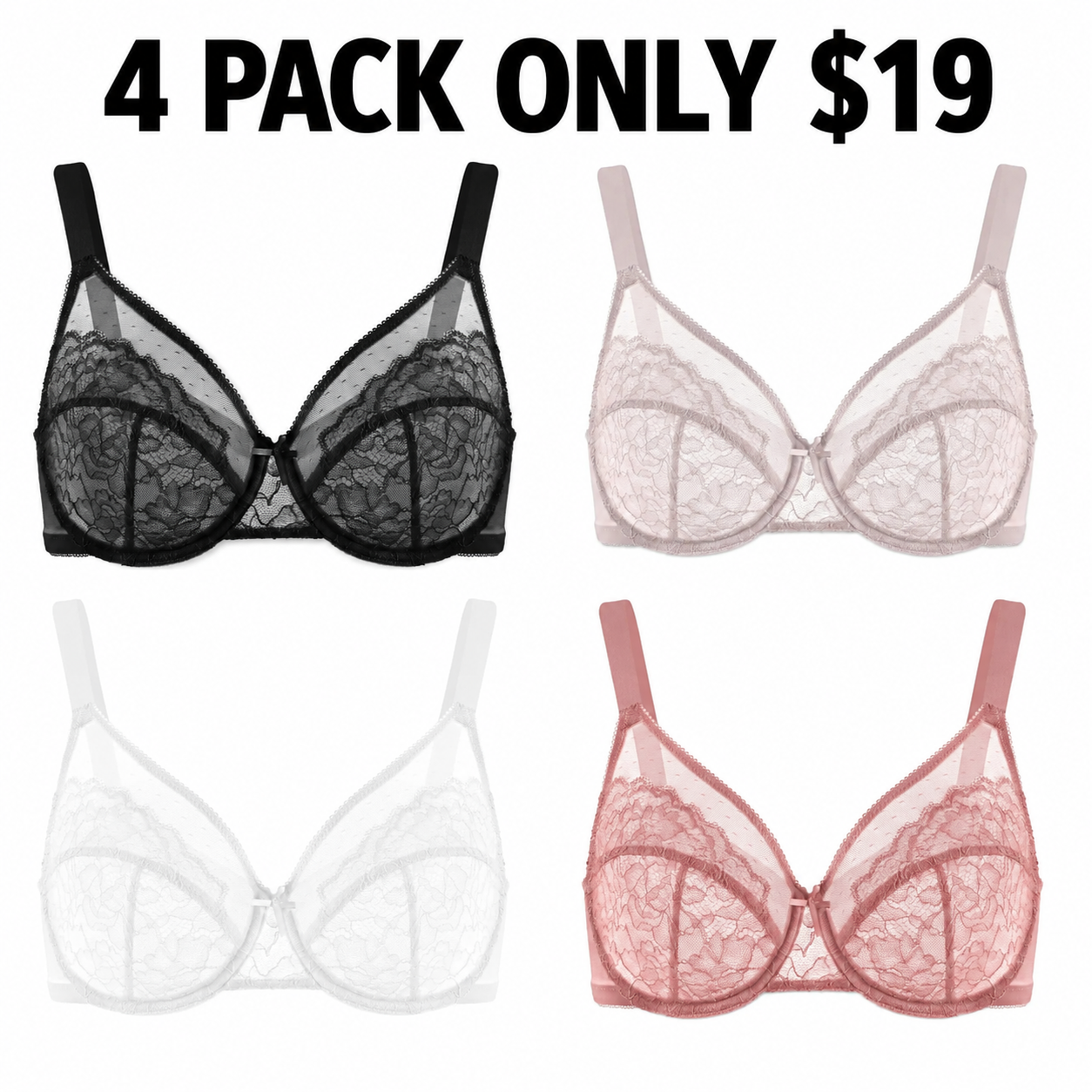 🔥 8 Pack ONLY $24 | Women’s Plus Size Floral Lace Minimizer Bras