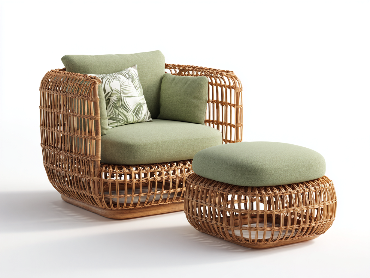 Sillones de ratán con reposapiés 90x80x75 cm - ratán natural color marrón y cojín verde - diseño moderno para interior y exterior-Casaupbay