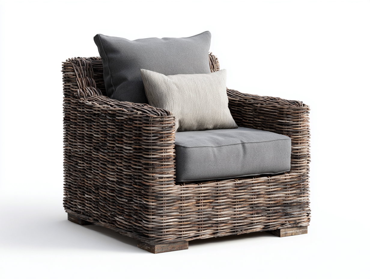 Sillones de ratán 85x80x75 cm - ratán natural color marrón y cojín gris - diseño moderno para interior y exterior-Casaupbay