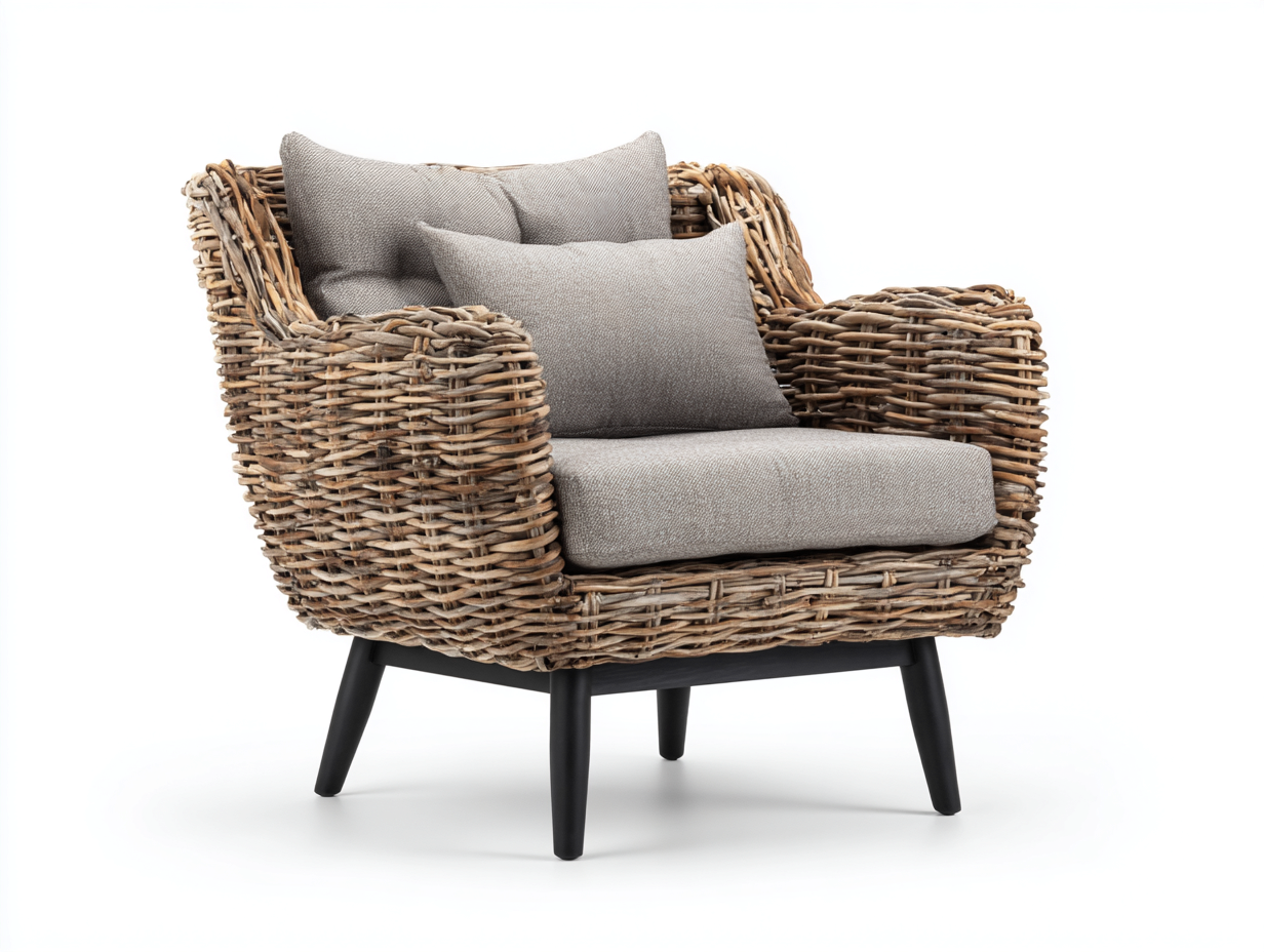 Sillones de ratán 80x75x78 cm - ratán natural color marrón y cojín gris - diseño moderno para interior y exterior-Casaupbay