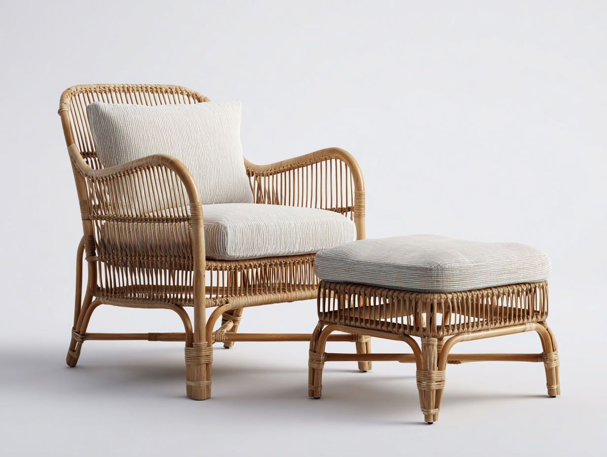 Sillones de ratán ratán natural 75x80x85 cm color beige madera uso interior exterior estilo moderno con reposapiés-Casaupbay