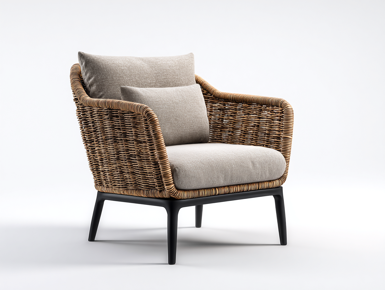 Sillones de ratán madera y metal 75x70x80 cm marrón y negro con cojín para salón y jardín - diseño moderno-Casaupbay