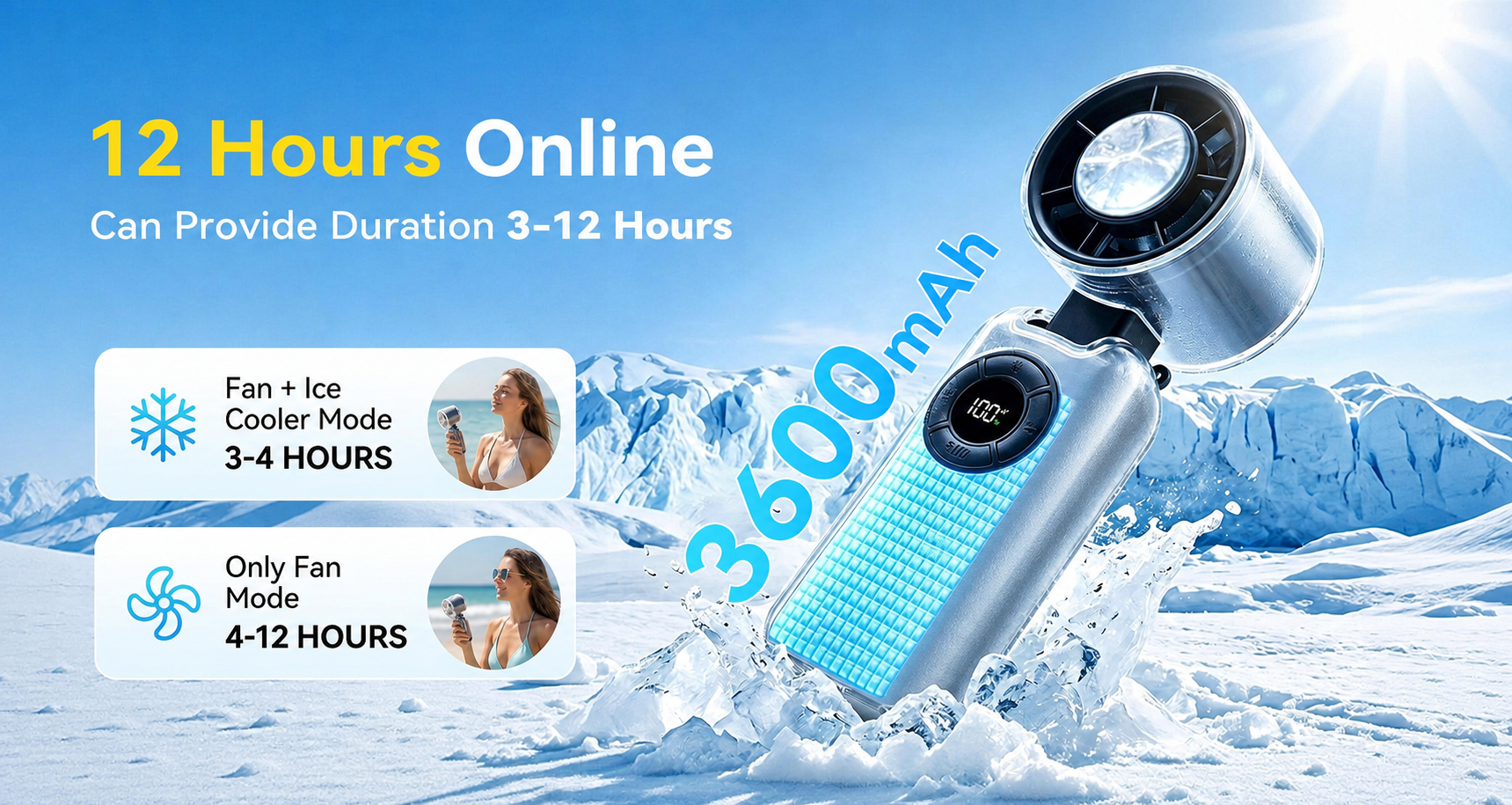 Portable cooling fan battery and modes