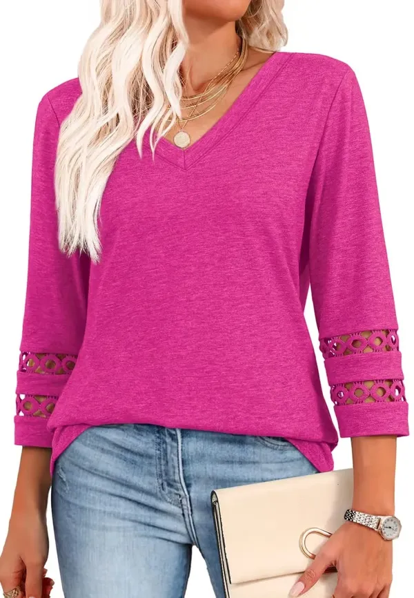 Womens 3/4 Length Sleeve Tops Trendy V Neck T Shirts