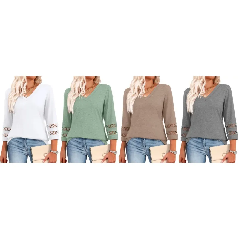 Womens 3/4 Length Sleeve Tops Trendy V Neck T Shirts
