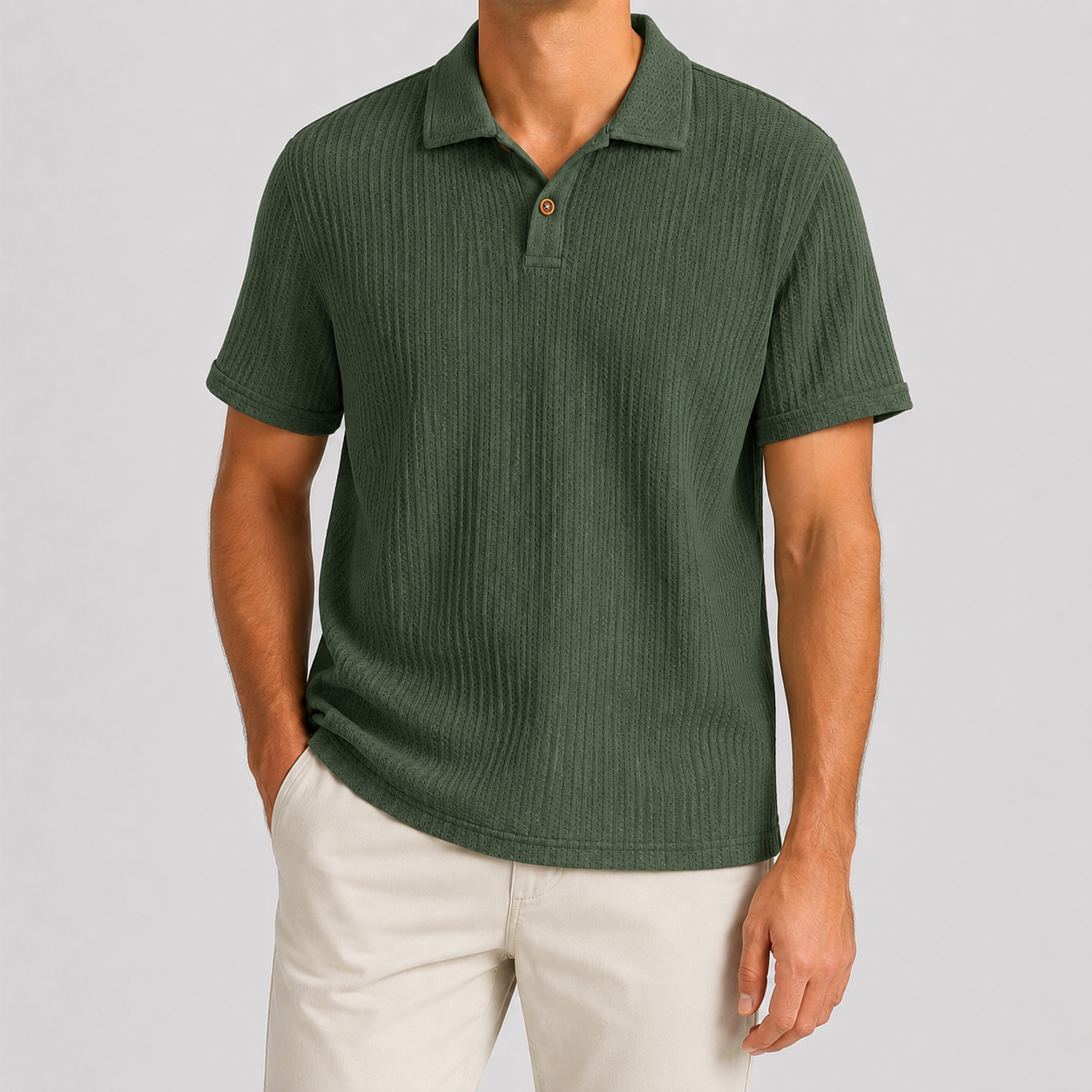 Back view of men’s textured knit polo shirt
