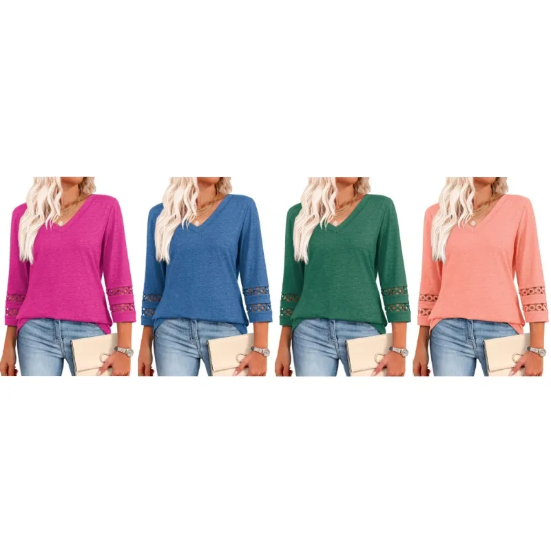 Womens 3/4 Length Sleeve Tops Trendy V Neck T Shirts