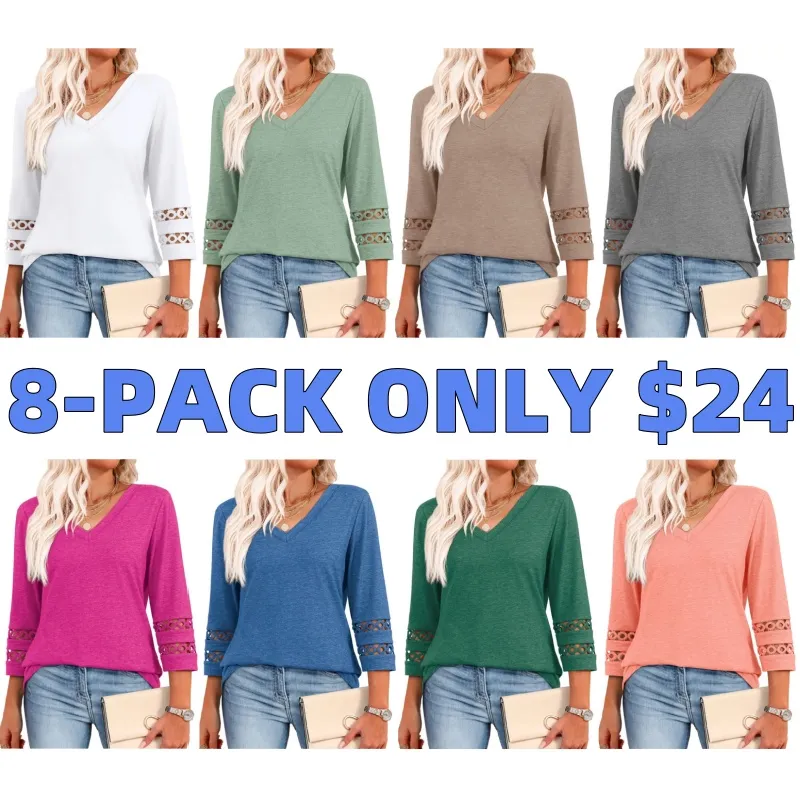 Womens 3/4 Length Sleeve Tops Trendy V Neck T Shirts