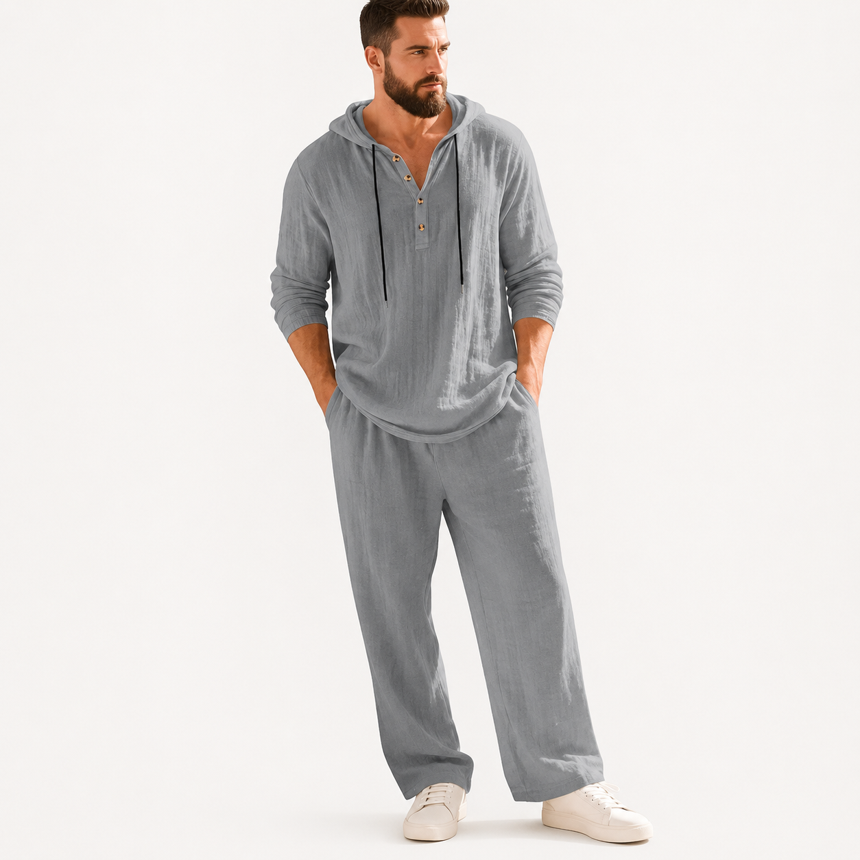 Linen Men's Hooded Casual Loose Top & Pants 2-Piece Set
