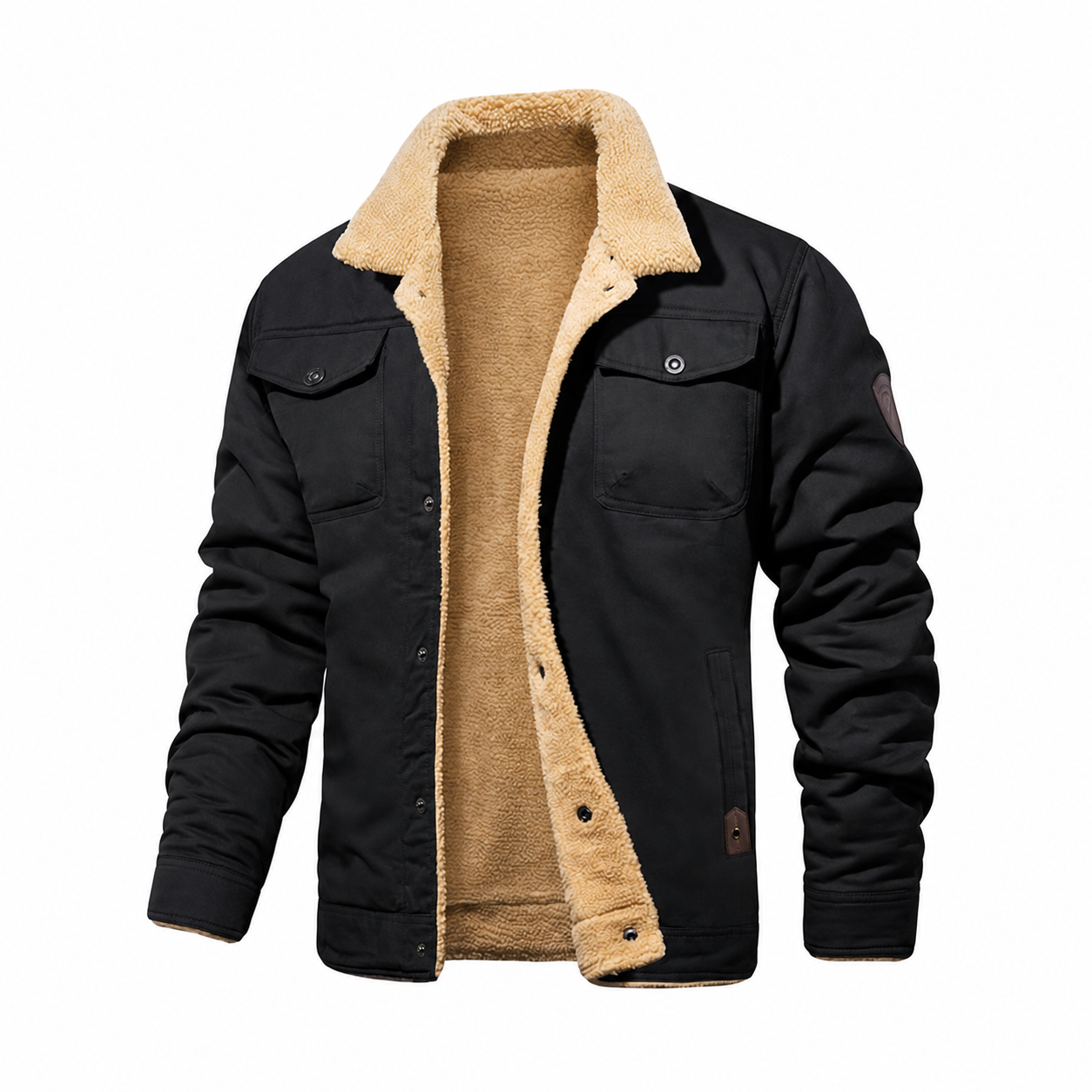 Men's Fitted Sherpa-Lined Soft Cotton Fleece Windproof Trucker Cargo Jacket