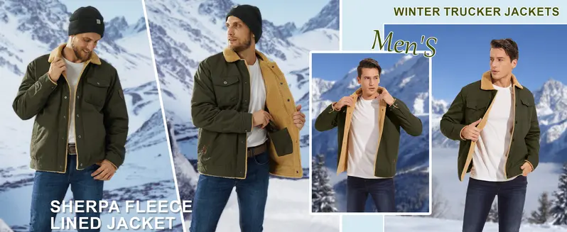 MAGCOMSEN Men's Fitted Sherpa-Lined Soft Cotton Fleece Windproof Trucker Cargo Jacket - Button-Front, Long-Sleeve, Warm Multi-Pocket Collared Coat for Hiking, Casual Outdoor Menswear Tops (Khaki Beige)