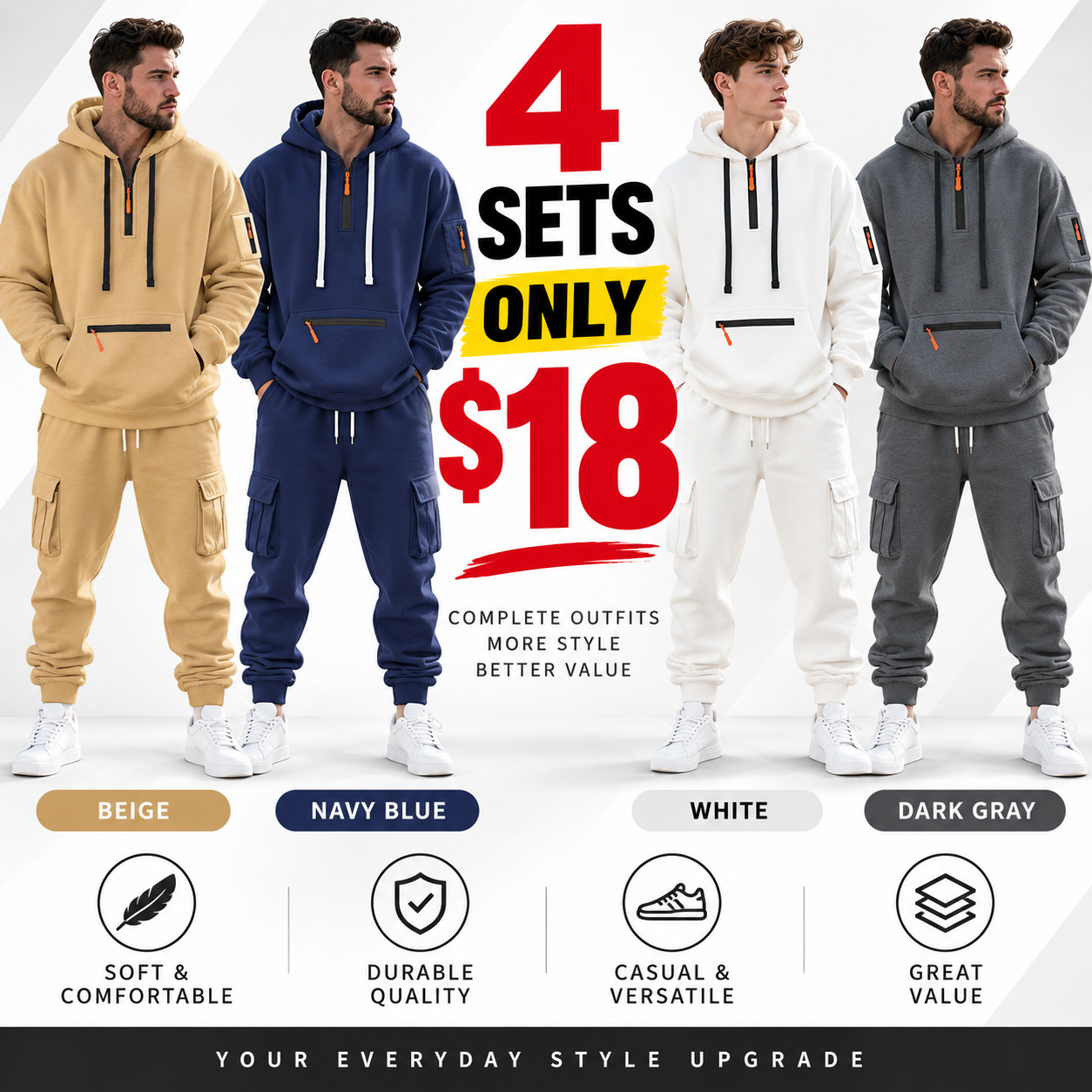 Men's Casual Set Loose Fit Sporty Multi-Pocket Workwear Suit