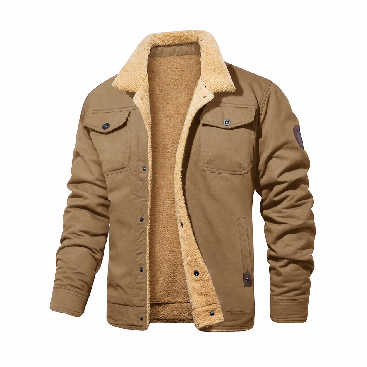 Men's Fitted Sherpa-Lined Soft Cotton Fleece Windproof Trucker Cargo Jacket