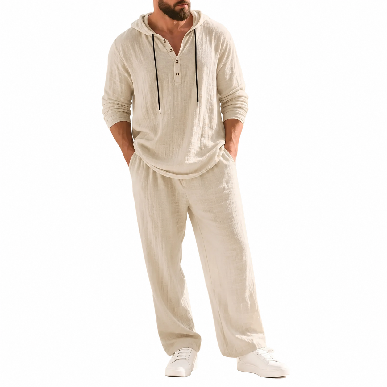 Linen Men's Hooded Casual Loose Top & Pants 2-Piece Set